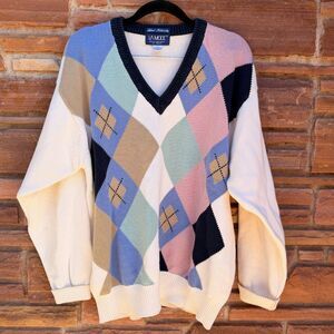 Vintage La Mode Argyle Sweater Men Medium V-Neck Cotton Cream Blue Pink Classic